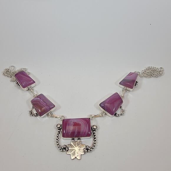 Handmade Purple Agate Necklace with Sterling Silver Artisan Geometric Jewelry - Picture 5 of 10